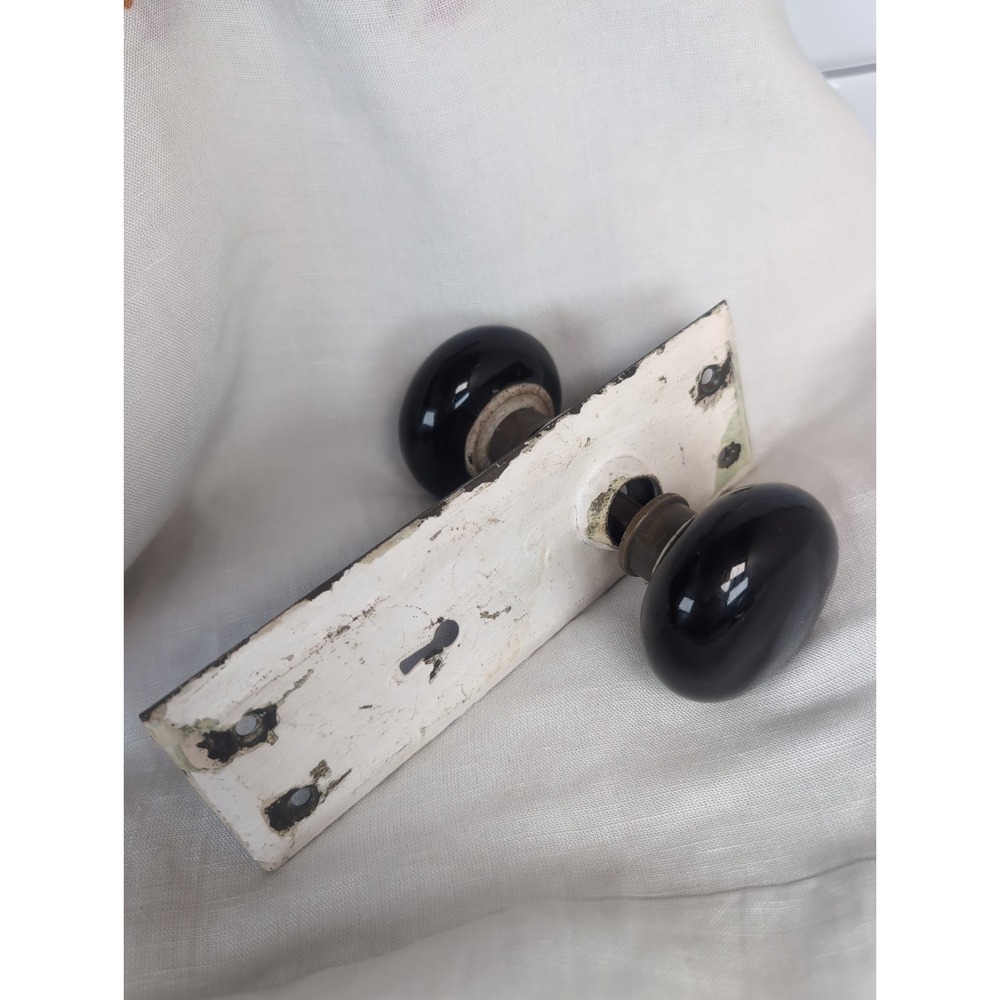 Vintage Home Salvage Door Knobs Black Porcelain Antique W/Brass Plate